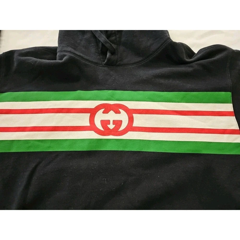 Gucci Men's Sweatshirt Interlocking GG Stripe Logo Hoodie Size XL Black